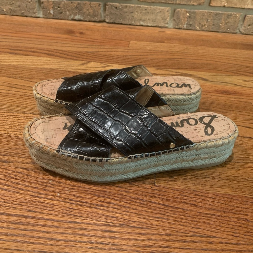 Sam Edelman Black Croc-Embossed Espadrille Slide Sandals
